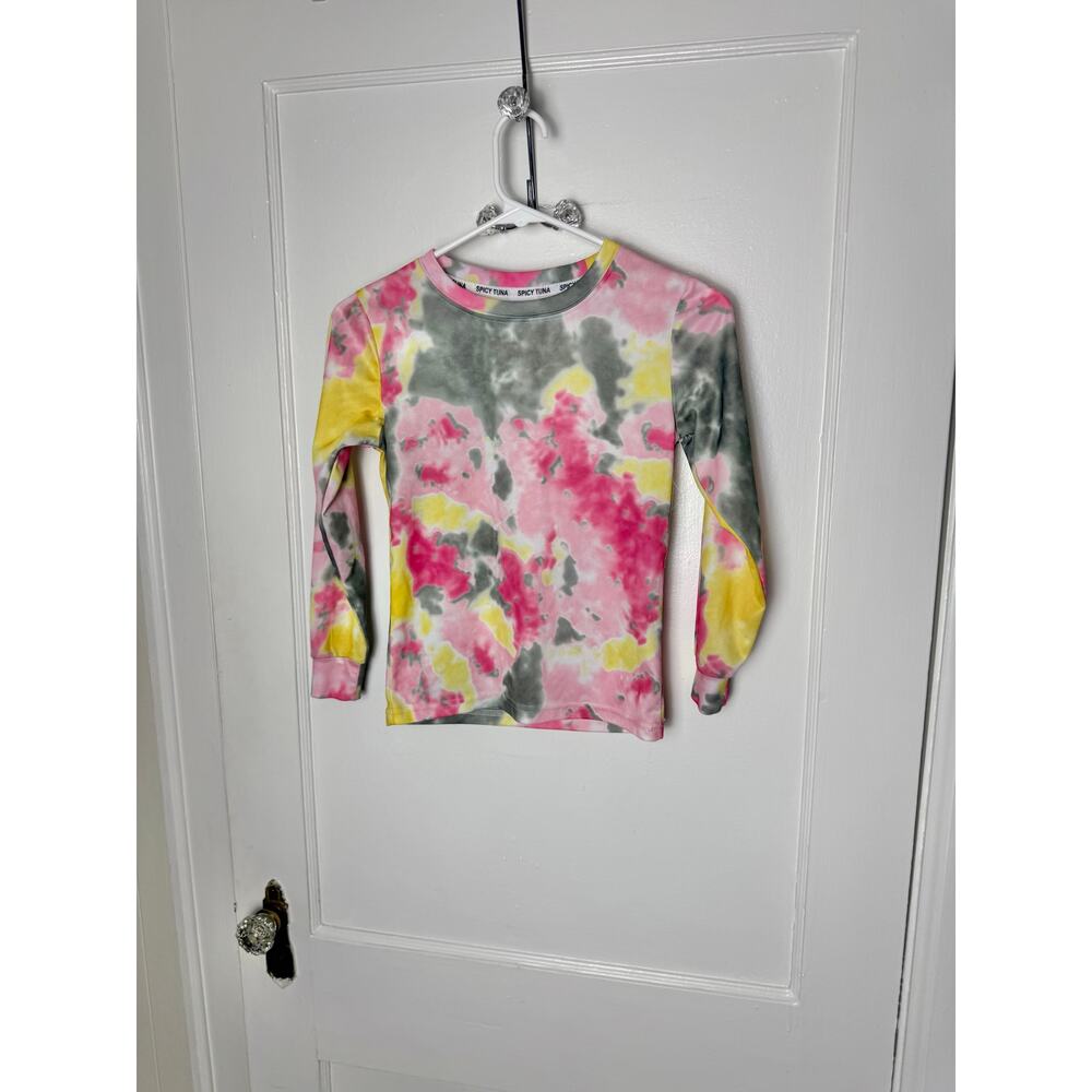 Spicy Tuna Pink Gray Yellow Kid's Long Sleeve Rash Guard Swim Top Medium Tie Dye